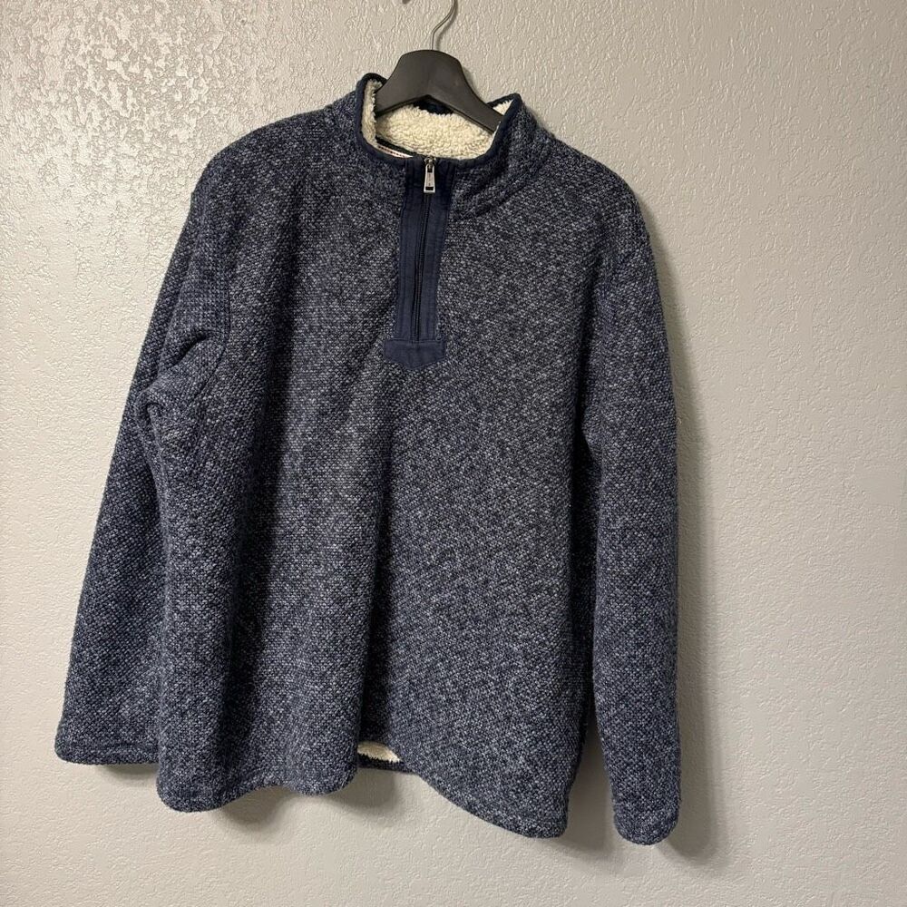 Orvis Sweater Mens XL Sherpa Fleece Lined Tweed Blue 1/4 Zip Pullover Outdoor
